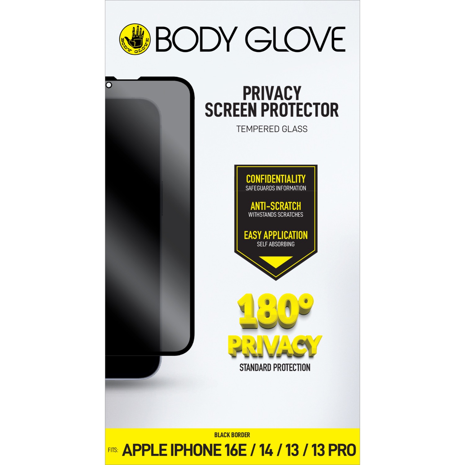 Body Glove Privacy Tempered Glass Screen Protector - Apple iPhone 17e/16e/14/13/13 Pro - Black Border